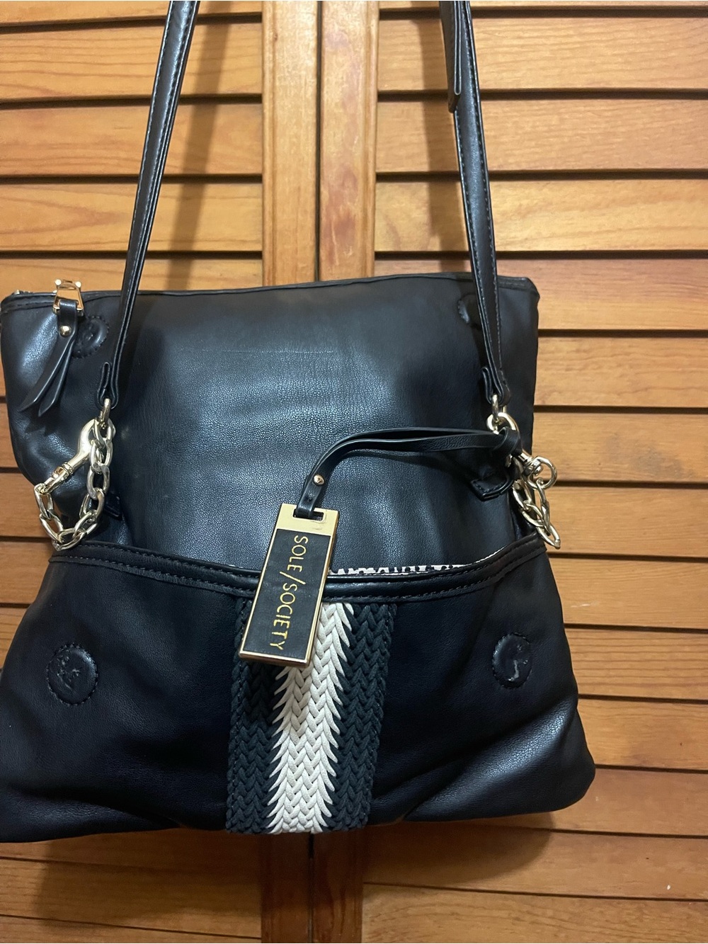 Sole Society Black Shoulder Bag with Braided Ivory Accent